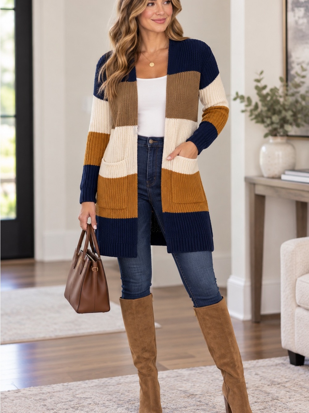 Colorblock Open-Front Cardigan Sweater - Navy, Cream & Brown